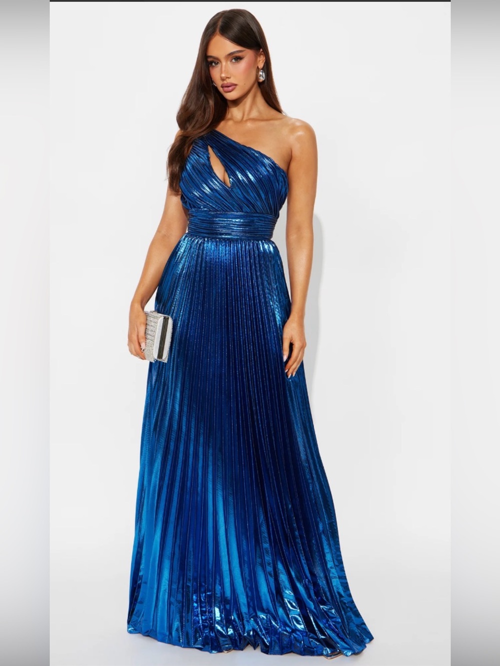 Serena Metallic Royal Blue One-Shoulder Pleated Gown